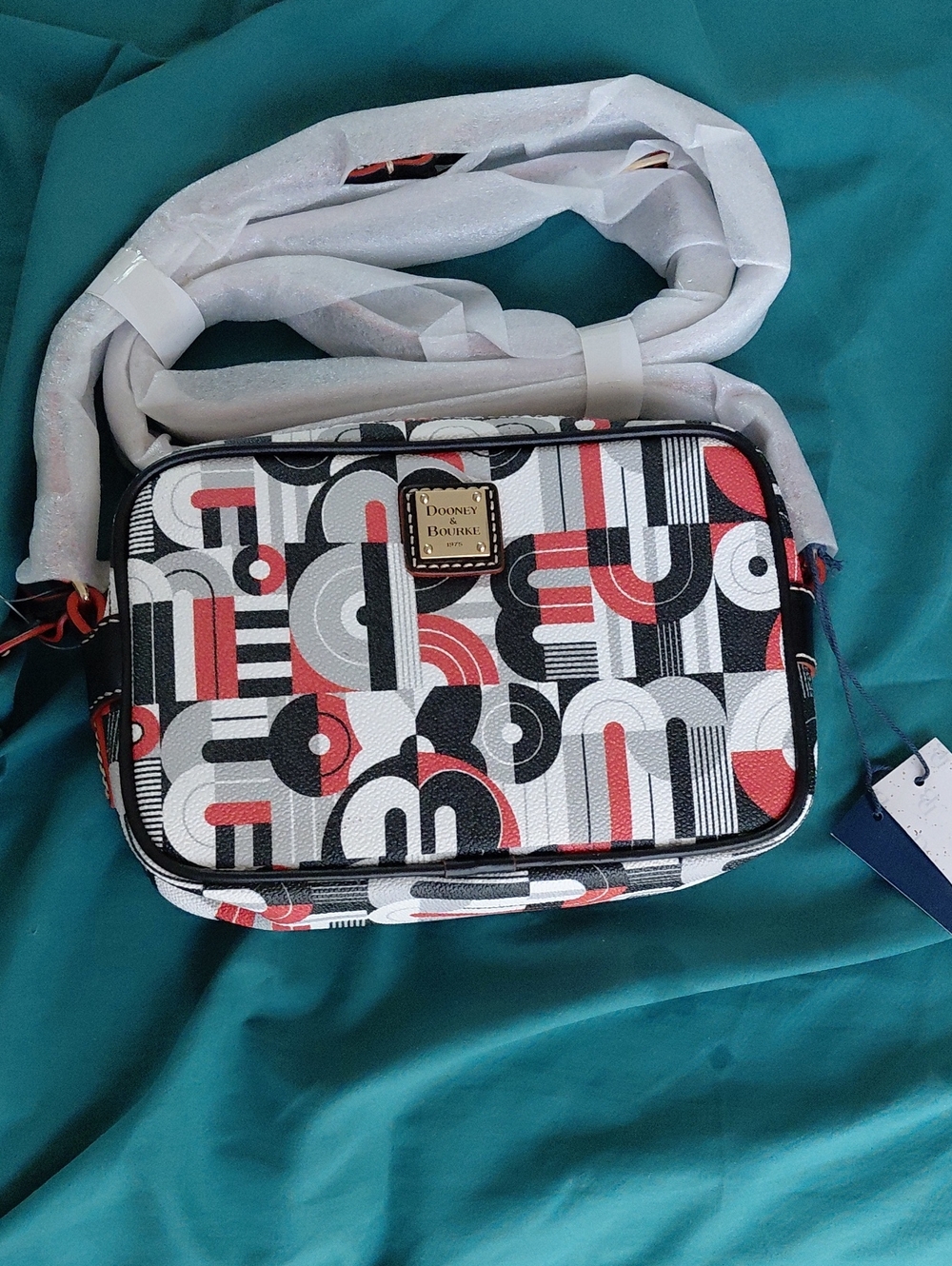 Dooney & Bourke Black, White & Red Geometric Crossbody Camera Bag